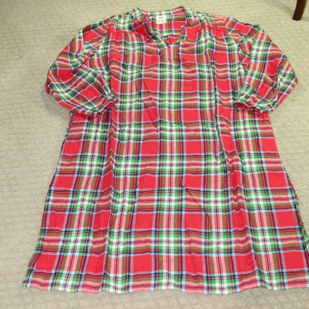 Lands' End Wm Sz 14/16 Red Green Plaid Lightweight 100% Cotton Long Sleeve Gown
